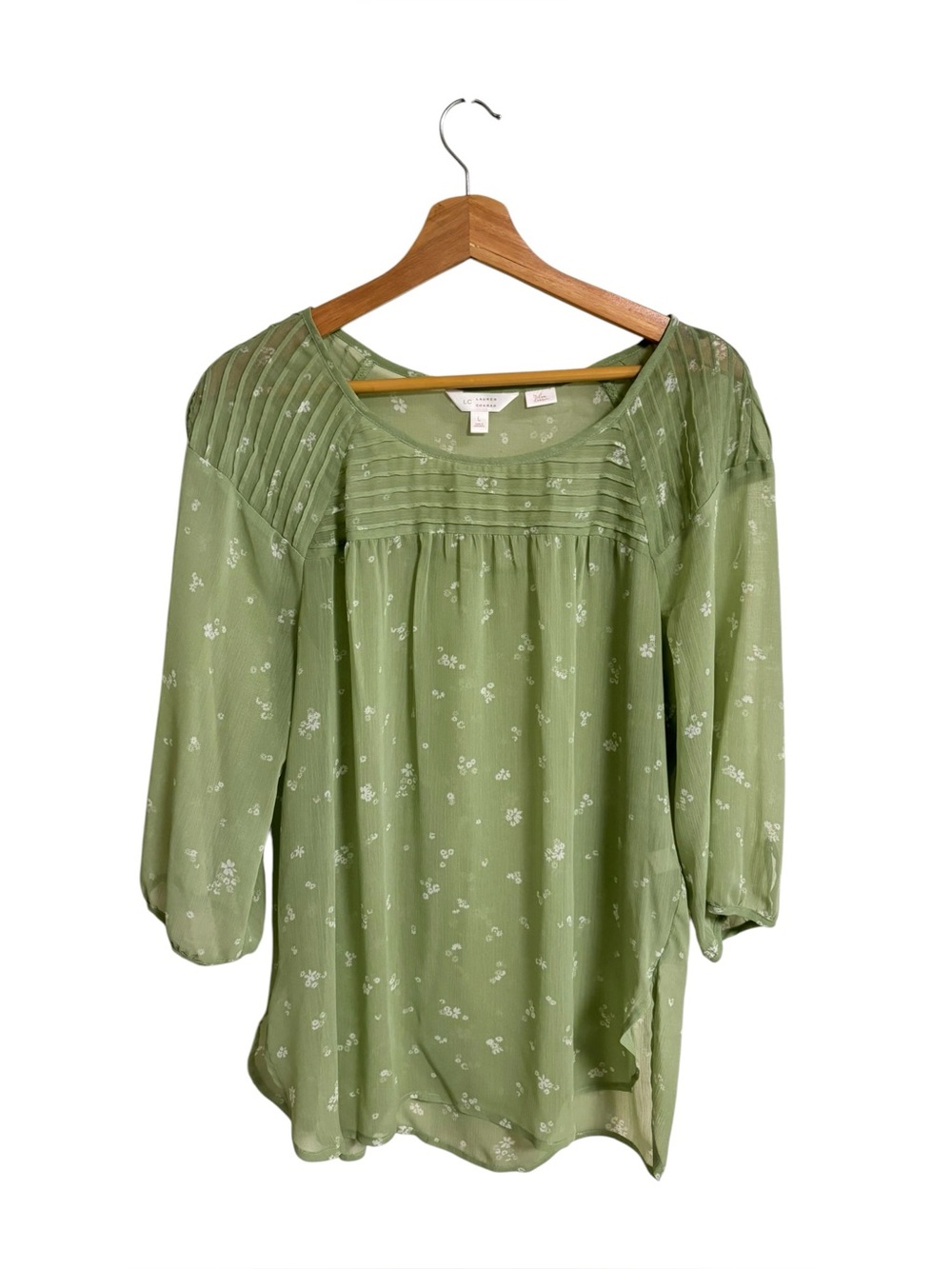 LC Lauren Conrad sage green sheer floral pin tuck detail cottage garden blouse L